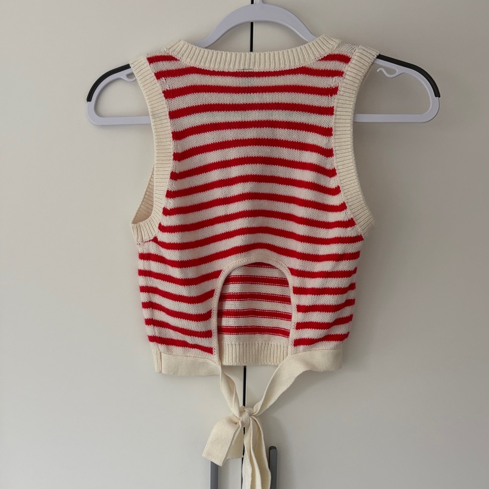 Cream and Red Striped Knit Tie-Back Tank Top - Picture 2 of 4
